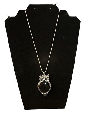 Hand Crafted Silver Owl Pendant Necklace with Magnifying Glass & Slide Closure